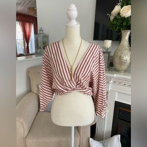 ZARA WOMEN’S STRIPED CROP BLOUSE SIZE S COLOR CORAL AND CREAM
